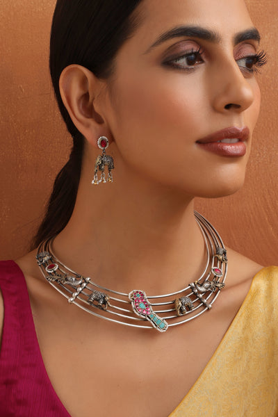 Migdha Multicolour Silver Hasli Necklace Set