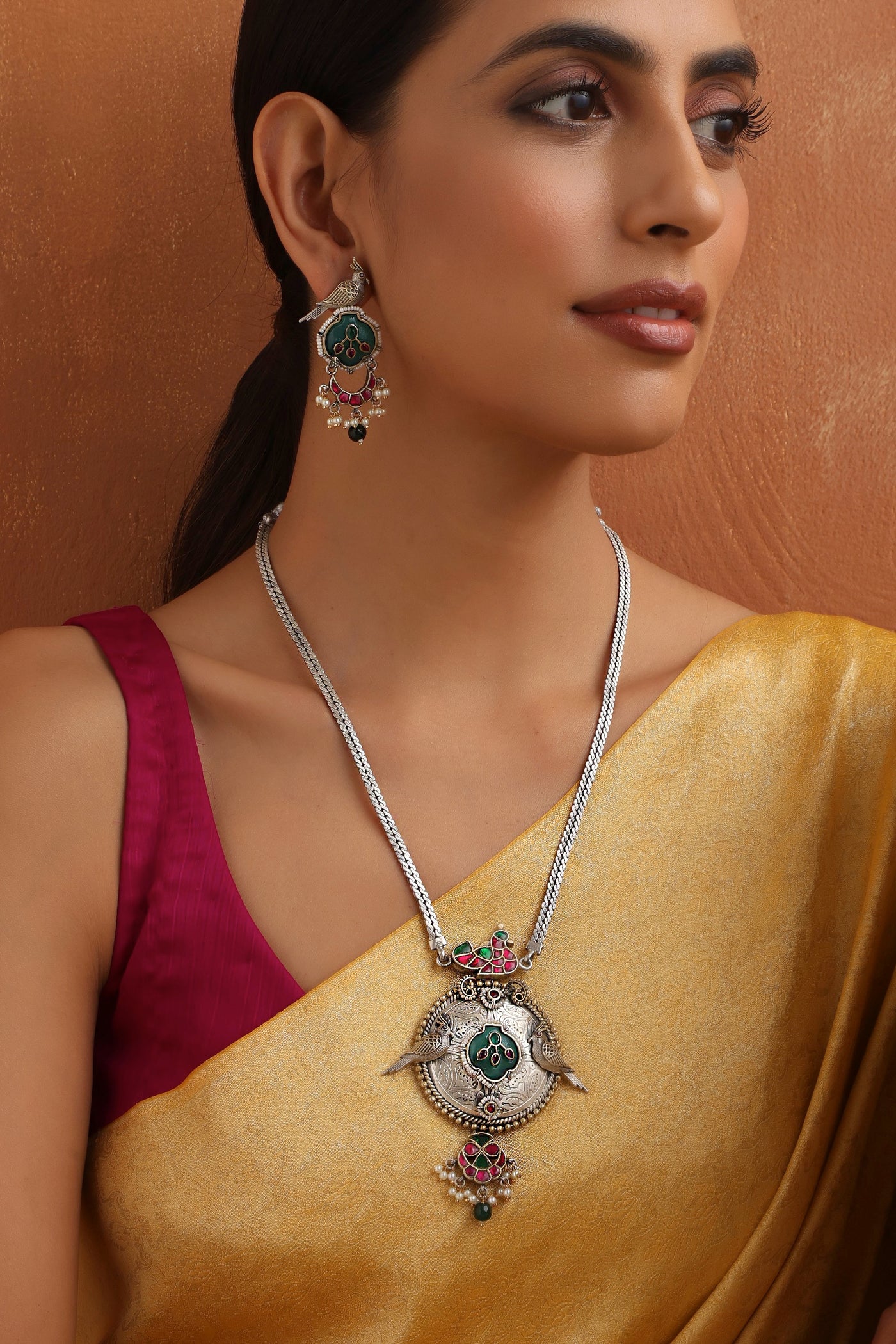 Mahima Multicolour Silver Pendant Necklace Set