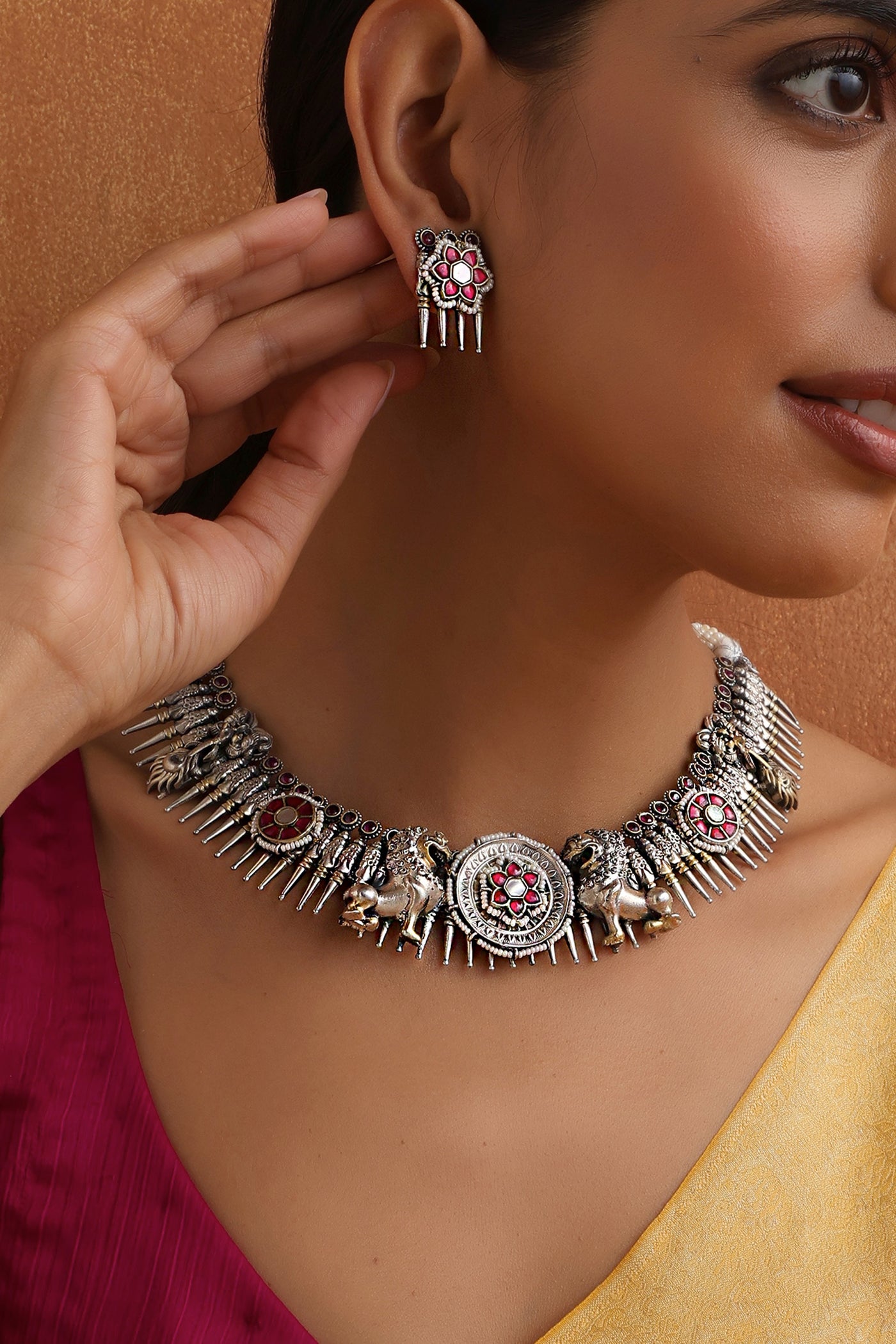 Shabnam Red Silver Necklace Set