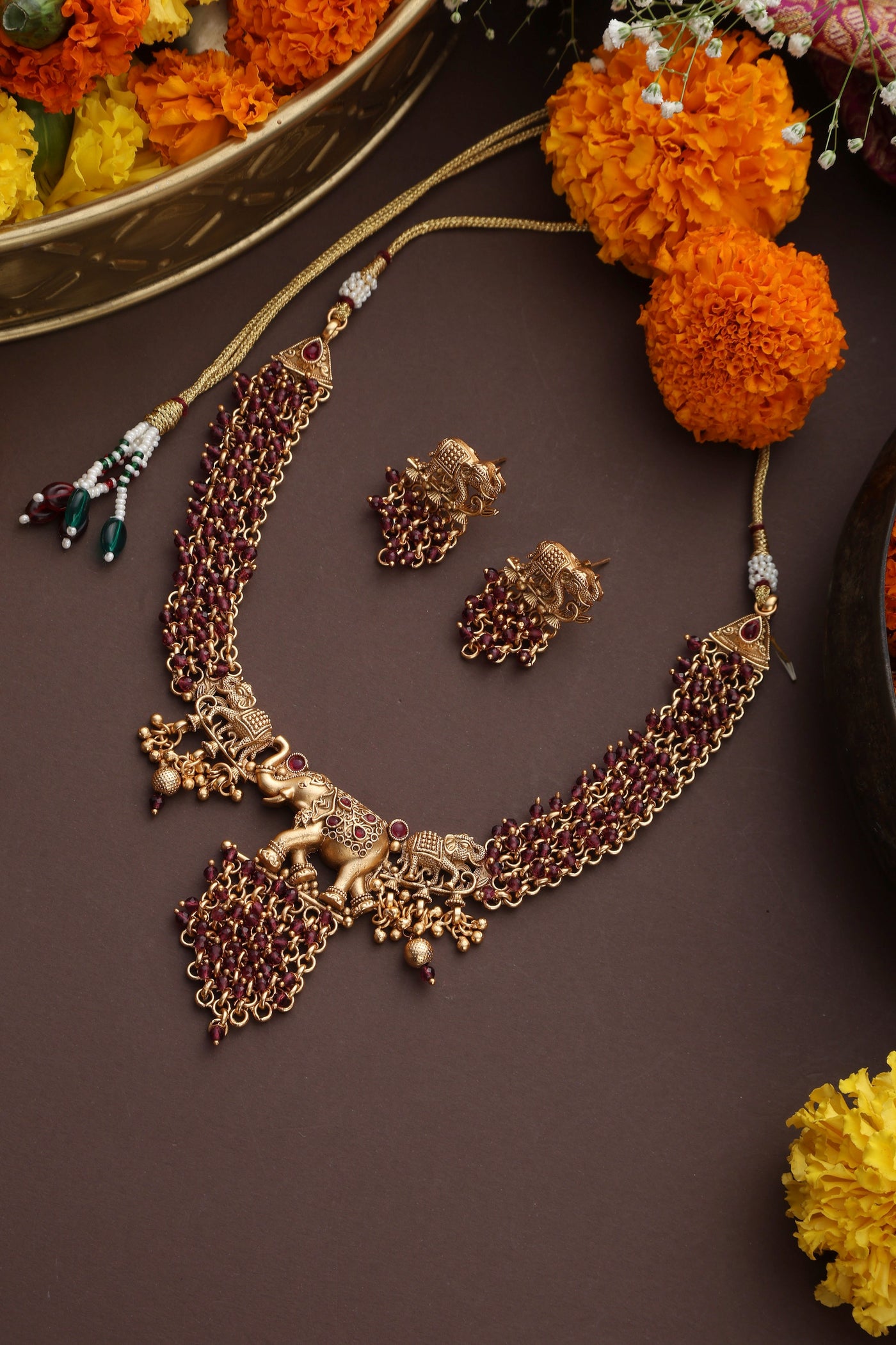 Ektha Red Temple Work Necklace Set