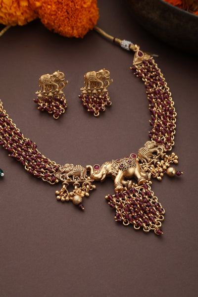 Ektha Red Temple Work Necklace Set