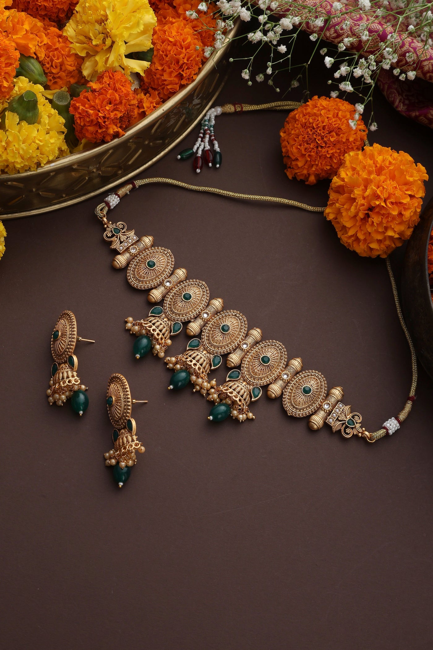 Mythili Green Temple Choker Necklace Set