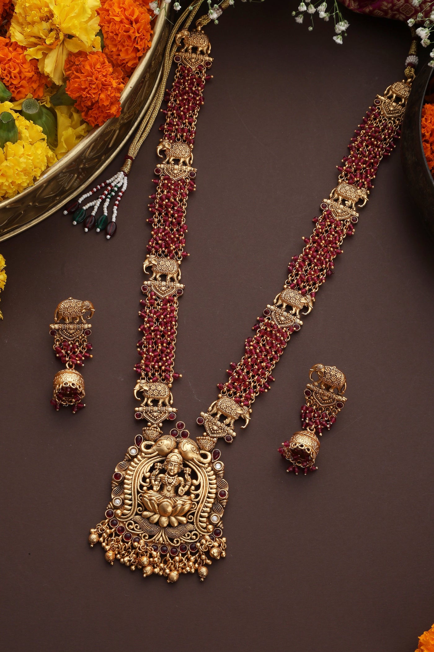 Dharnitha Red Temple Work Long Necklace Set