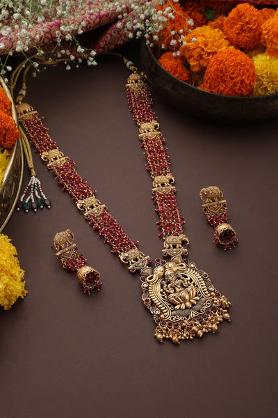 Dharnitha Red Temple Work Long Necklace Set