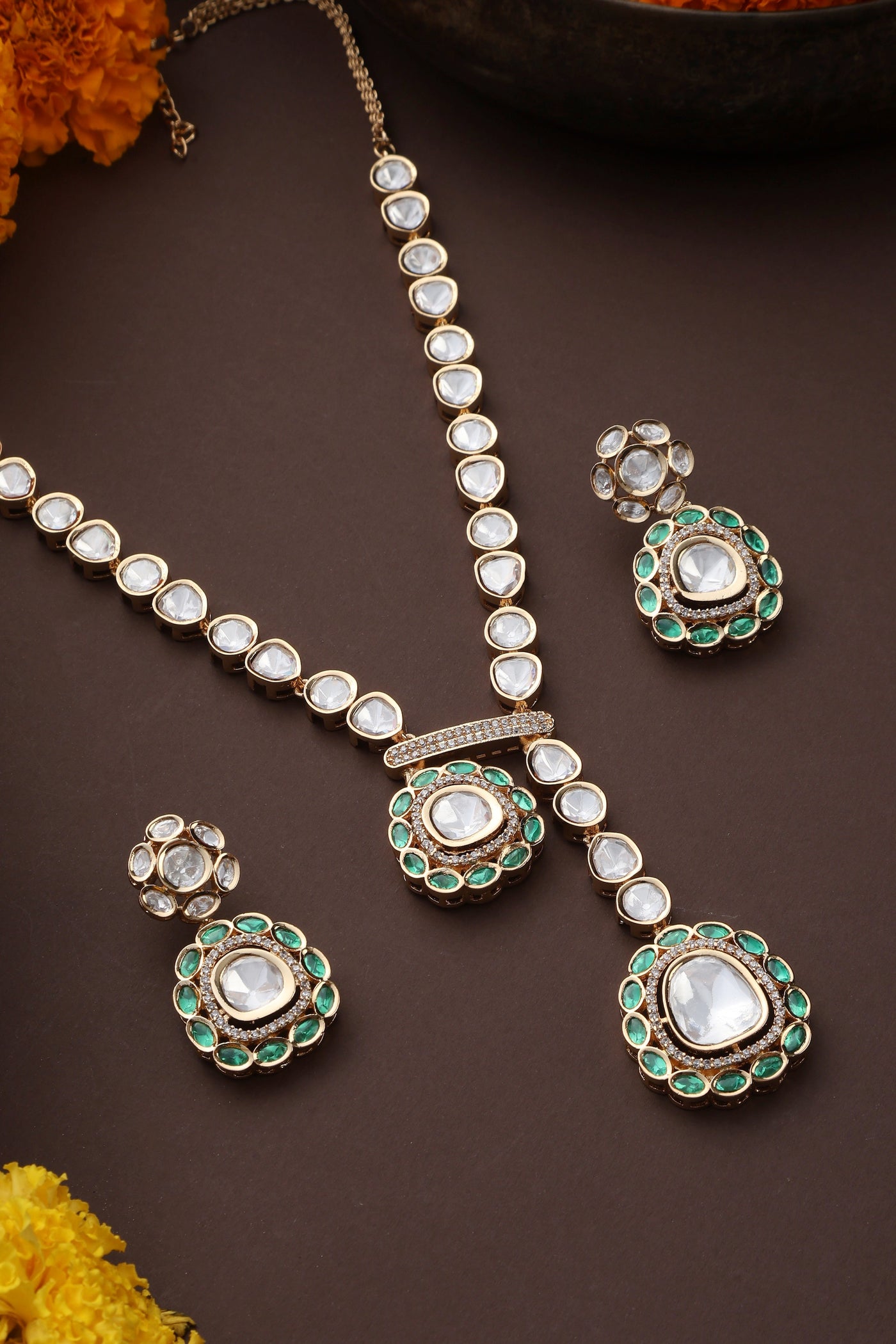 Yaavi Green Polki Necklace Set