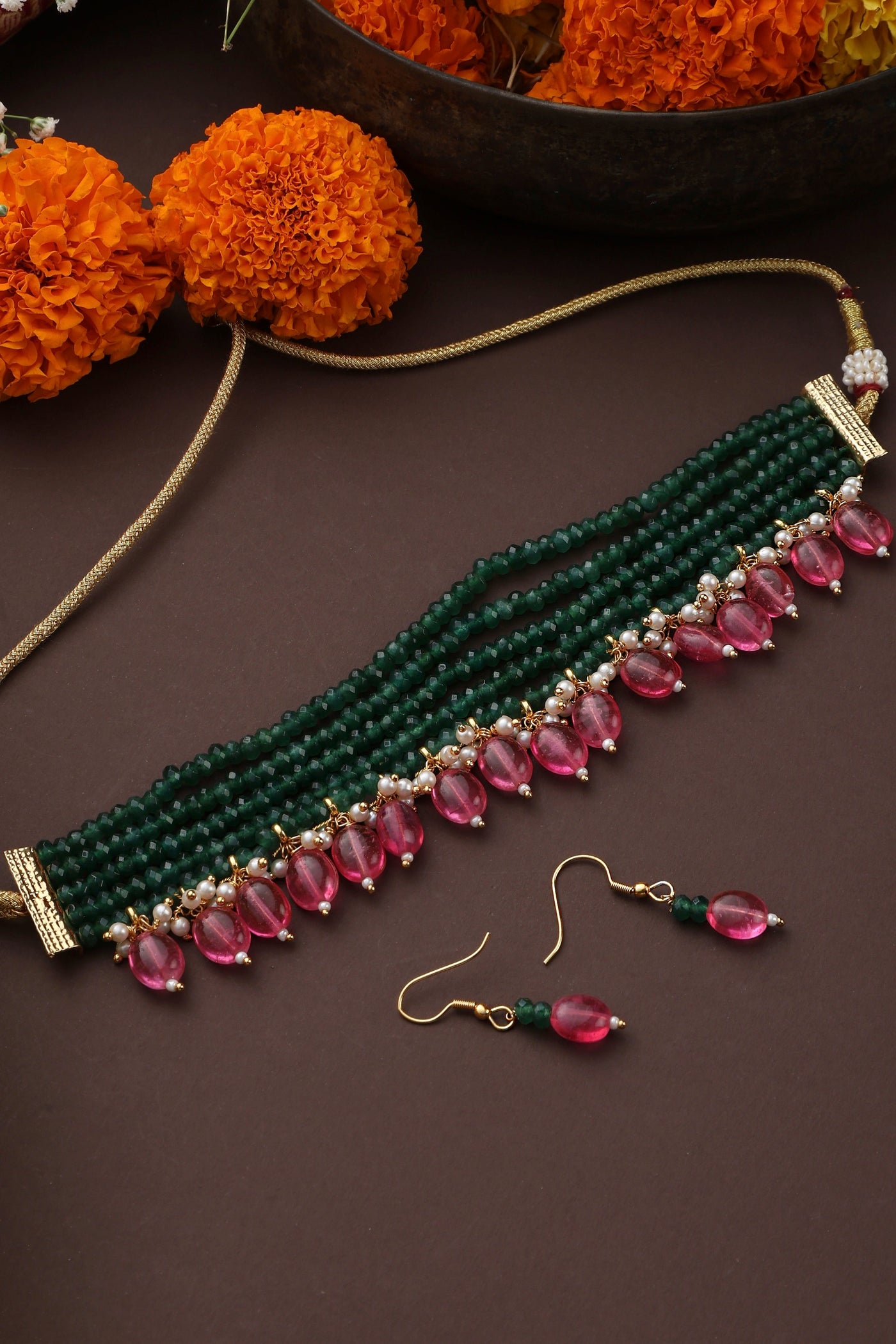 Gamya Green and Pink Choker Necklace Set