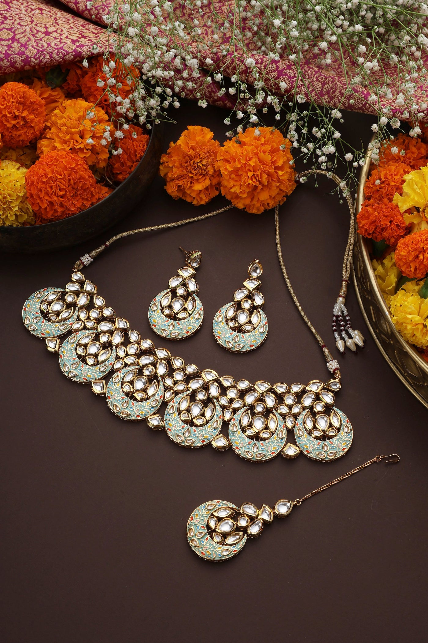 Kisha Mint Kundan Necklace Set with Maang Tikka