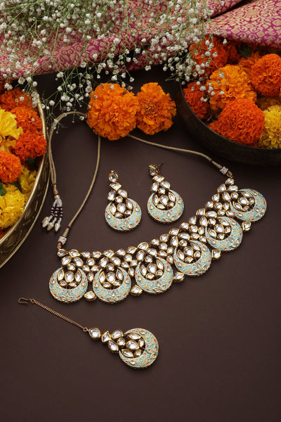 Kisha Mint Kundan Necklace Set with Maang Tikka