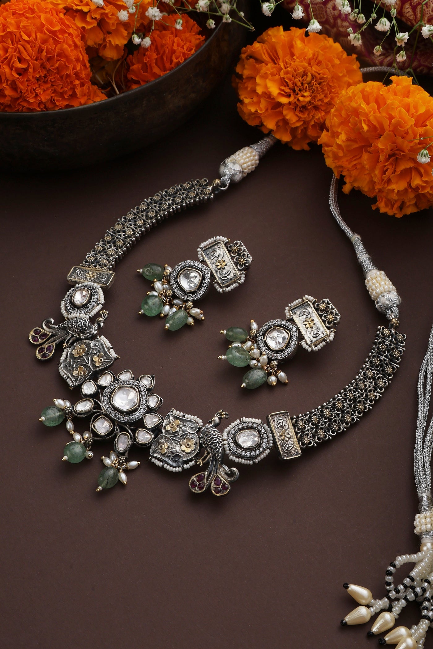 Anusha Green Silver Polki Necklace Set