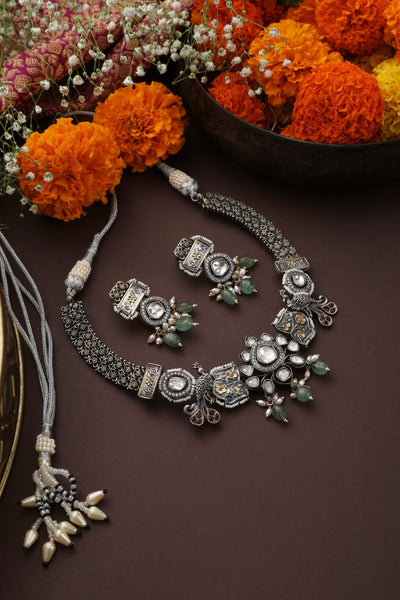 Anusha Green Silver Polki Necklace Set