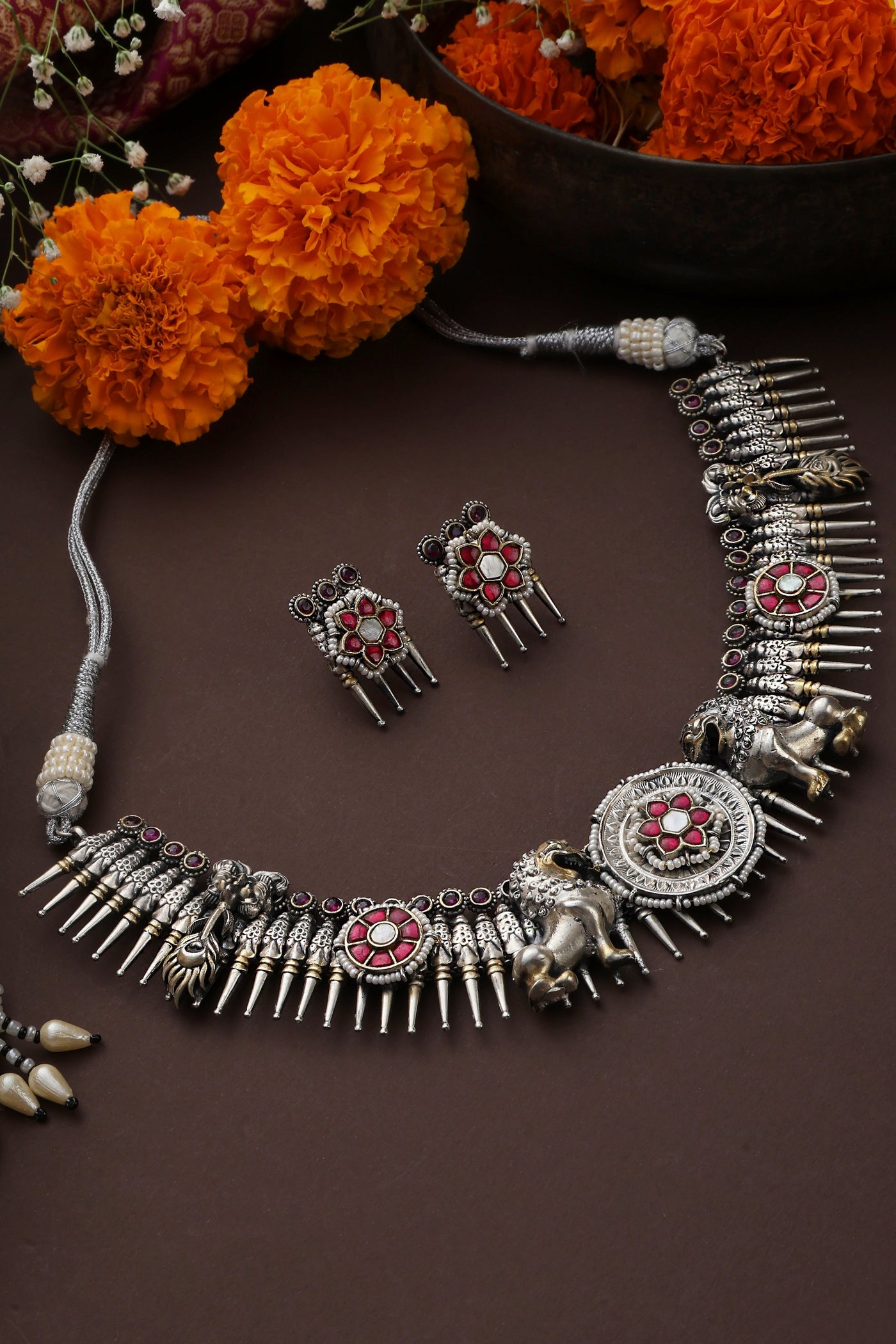 Shabnam Red Silver Necklace Set