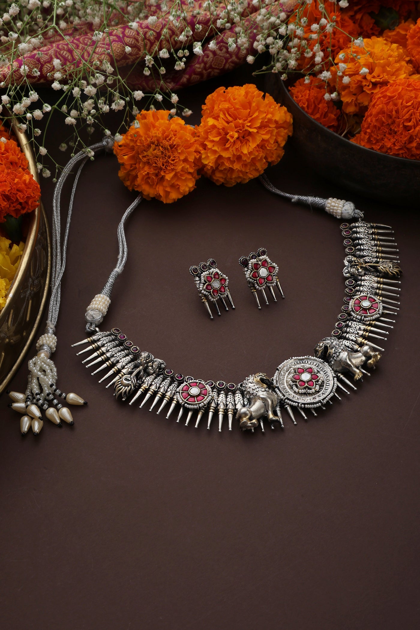 Shabnam Red Silver Necklace Set