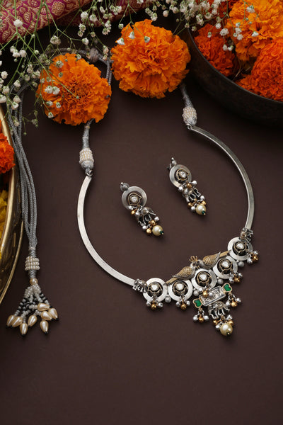 Timaya Green Silver Polki Hasli Necklace Set