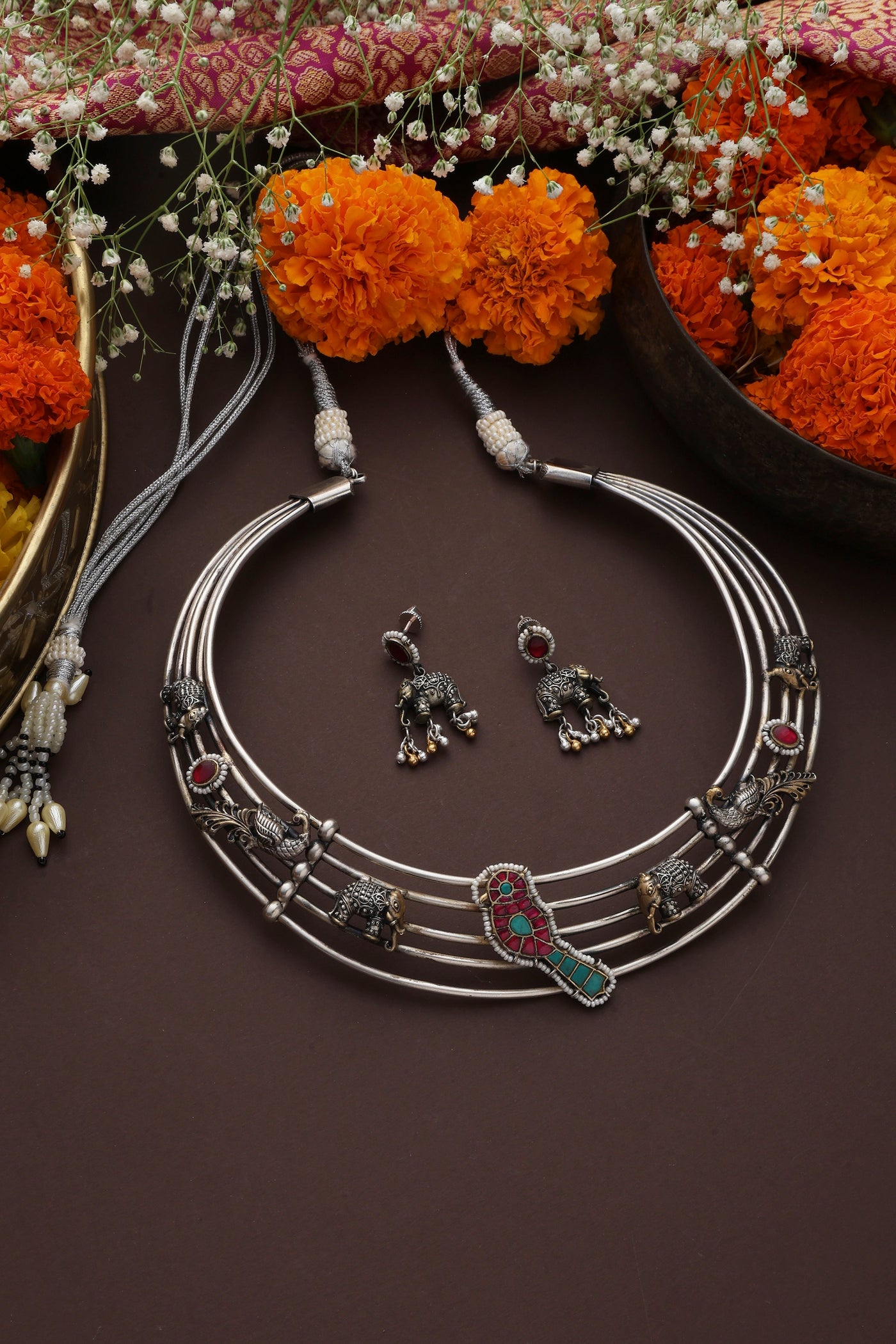 Migdha Multicolour Silver Hasli Necklace Set