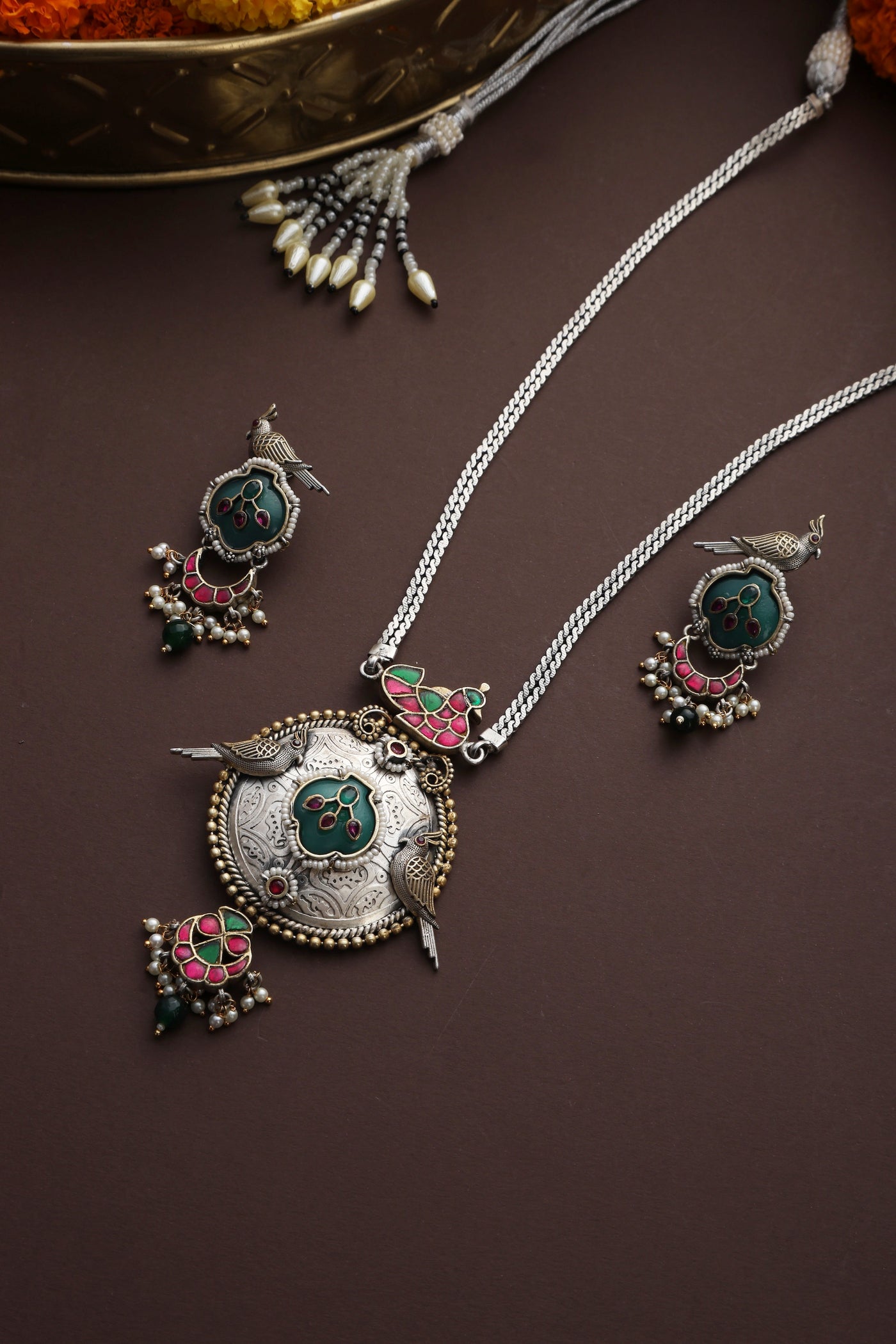 Mahima Multicolour Silver Pendant Necklace Set