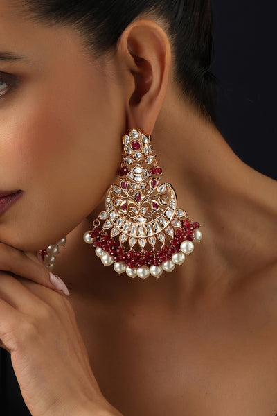 Mihira Red Polki Chandbali Earrings