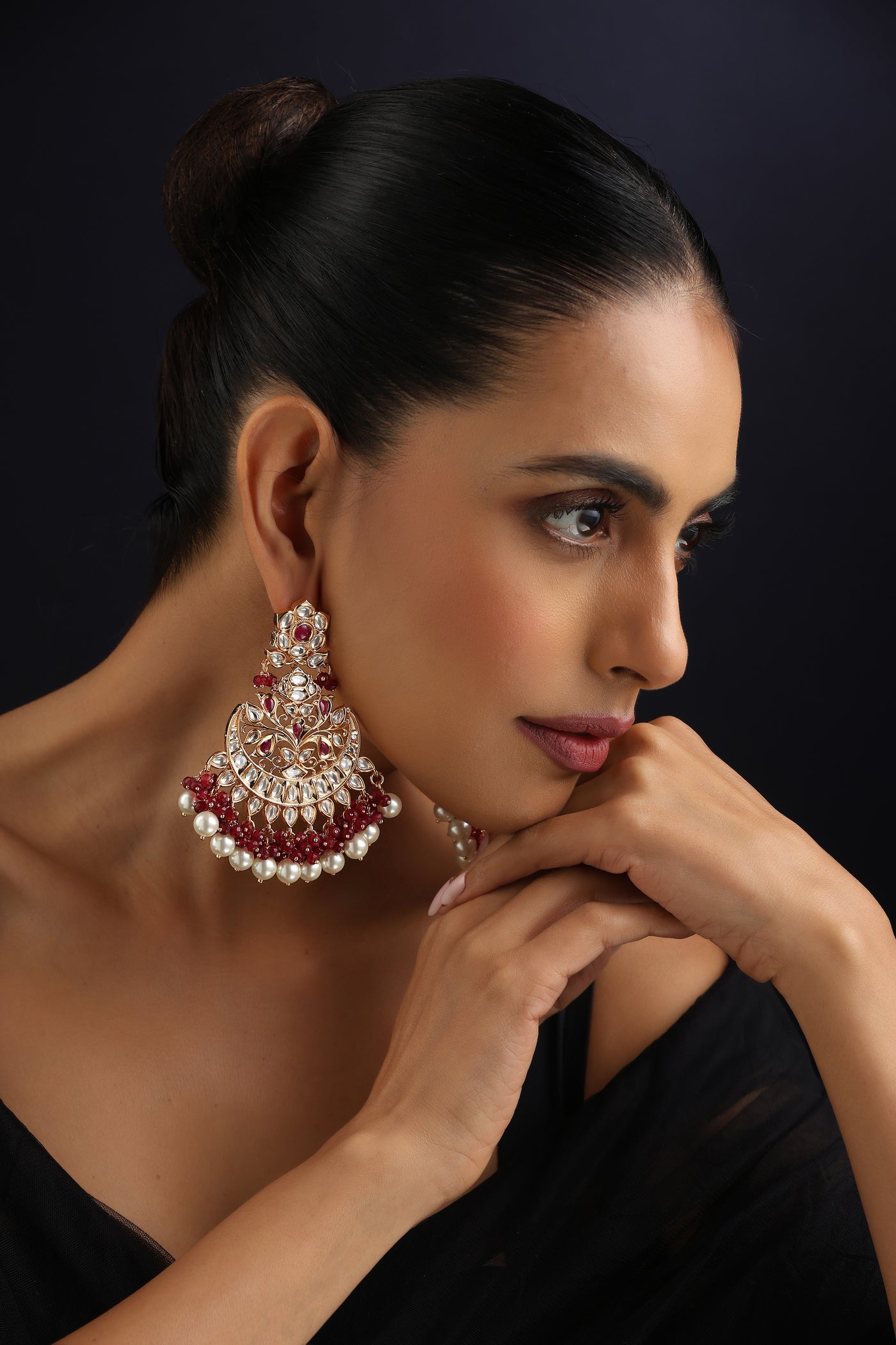 Mihira Red Polki Chandbali Earrings