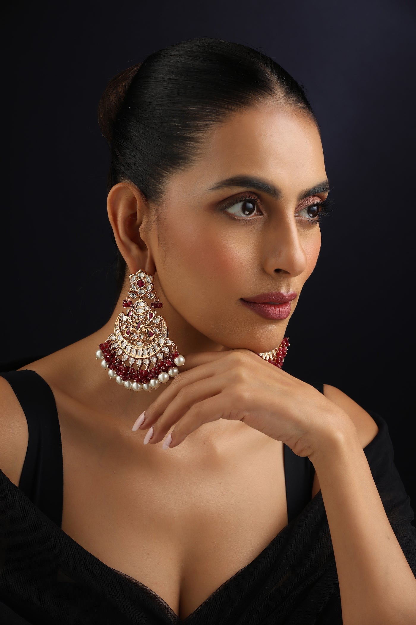 Mihira Red Polki Chandbali Earrings
