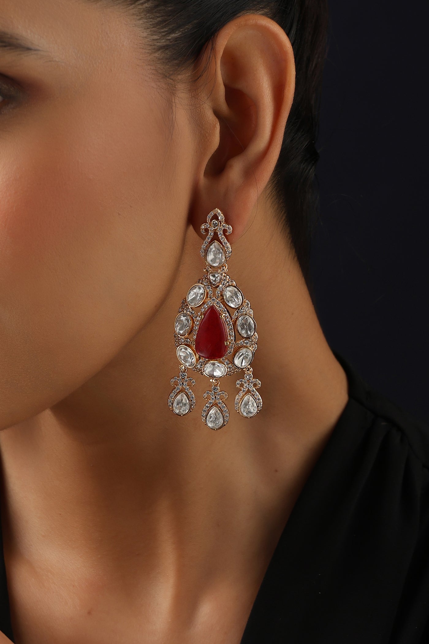 Sanika Red Polki Dangler Earrings