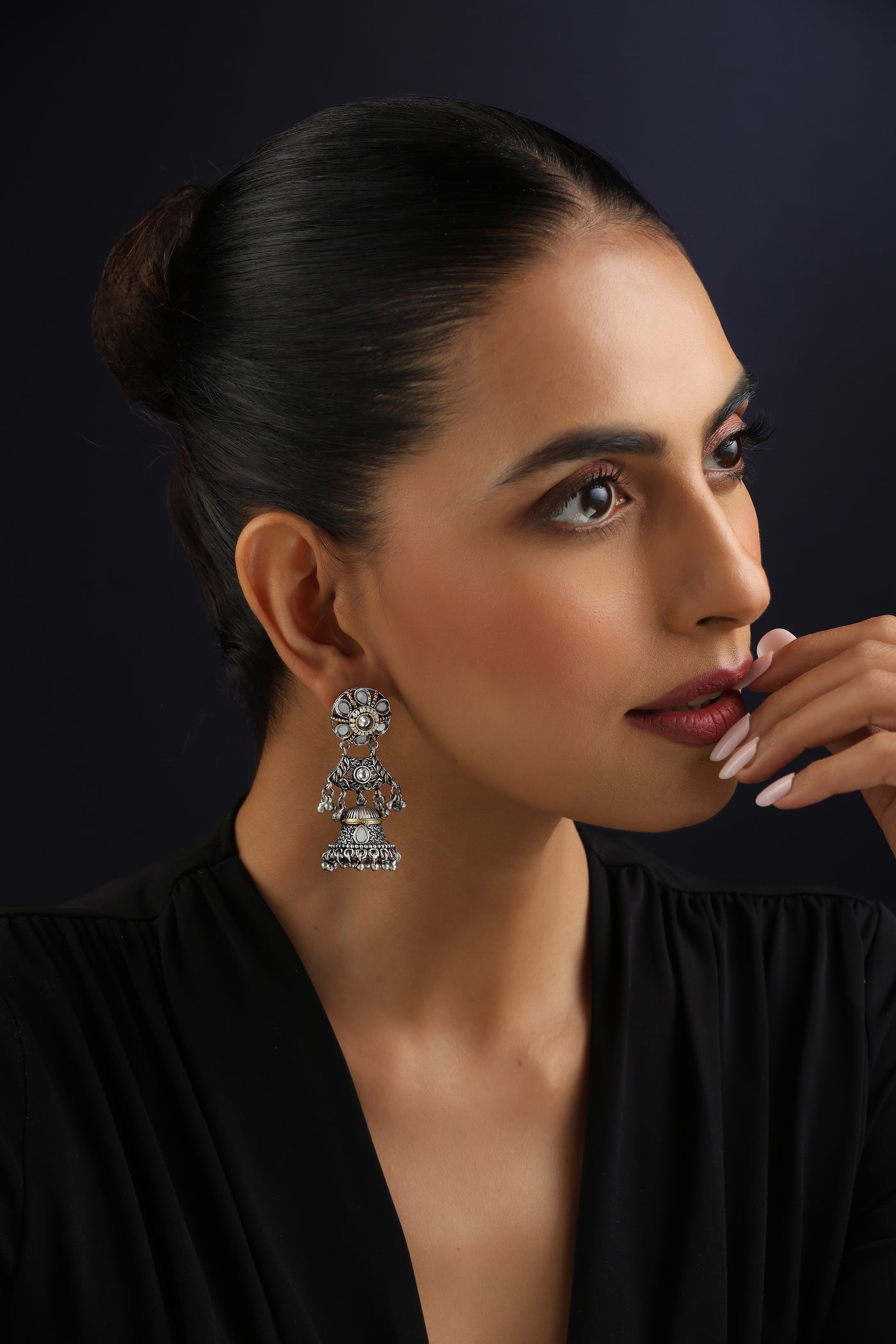 Kanishka Silver Kundan Jhumka Earrings