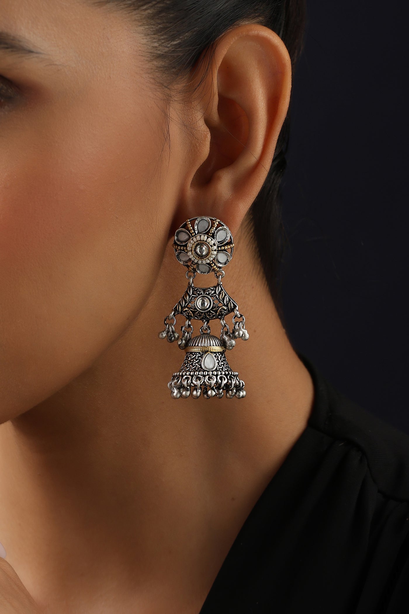Kanishka Silver Kundan Jhumka Earrings