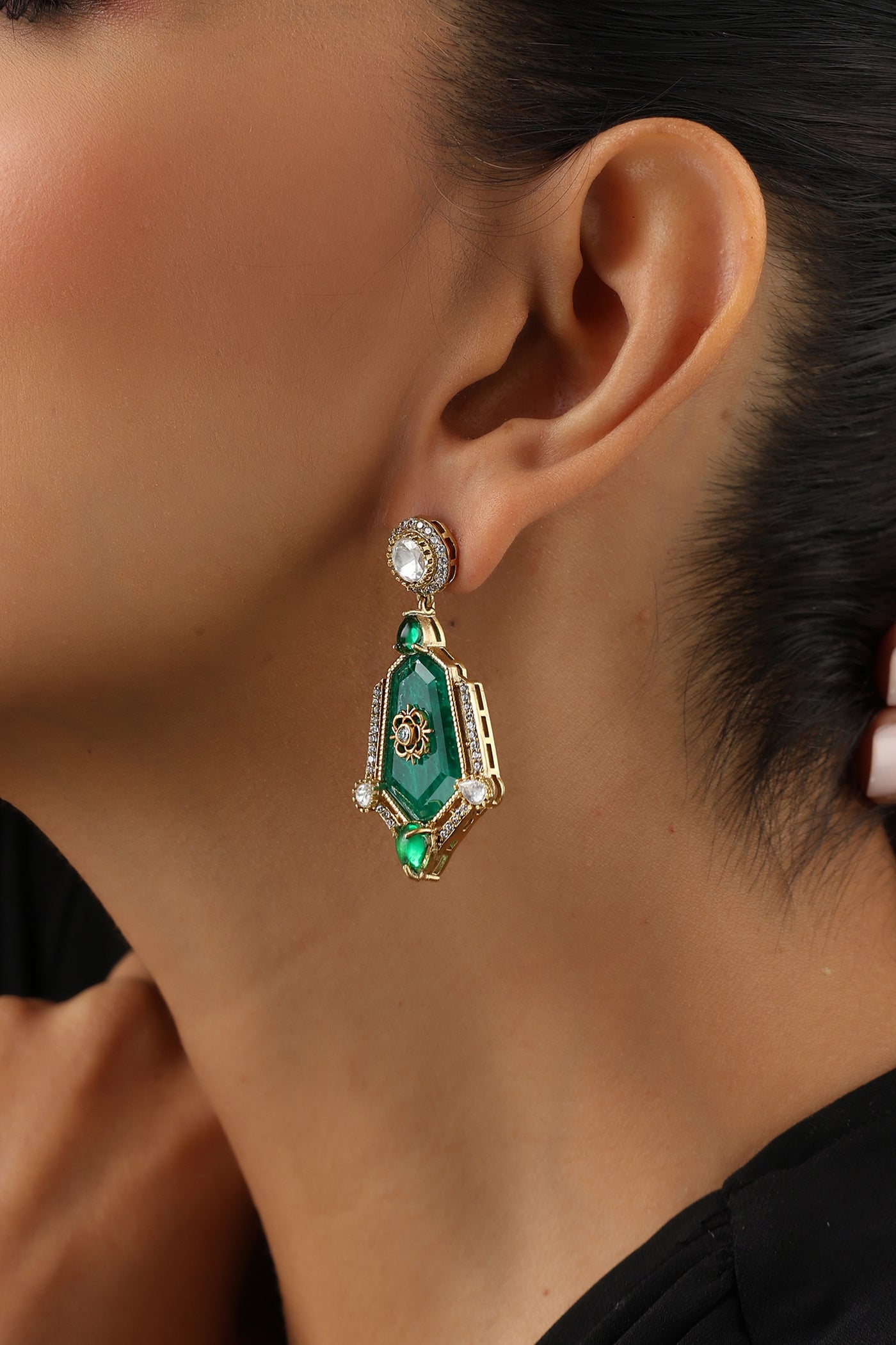 Zia Emerald and Polki Dangler Earrings