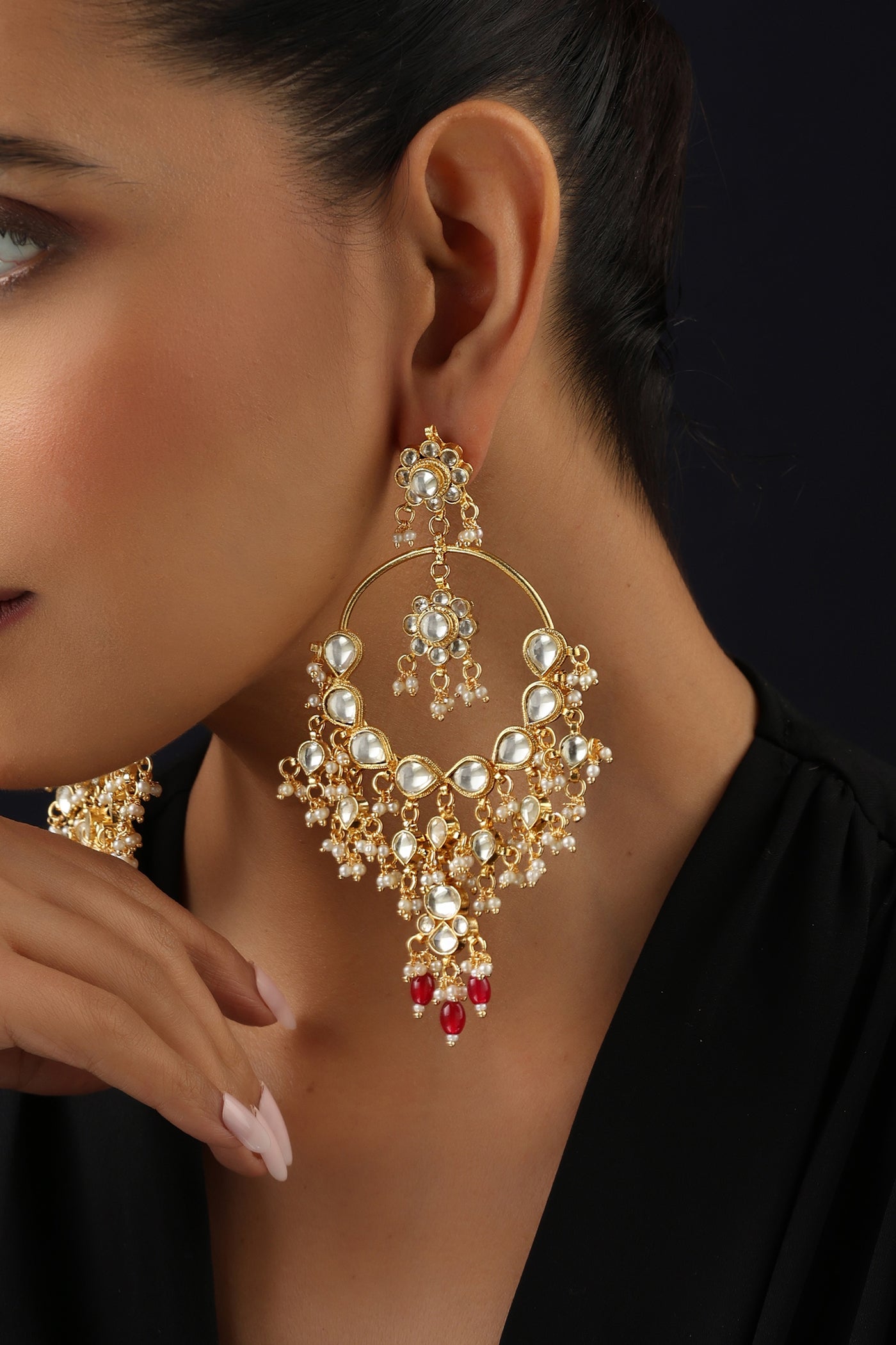 Pavitra Red Kundan Chandbali Earrings