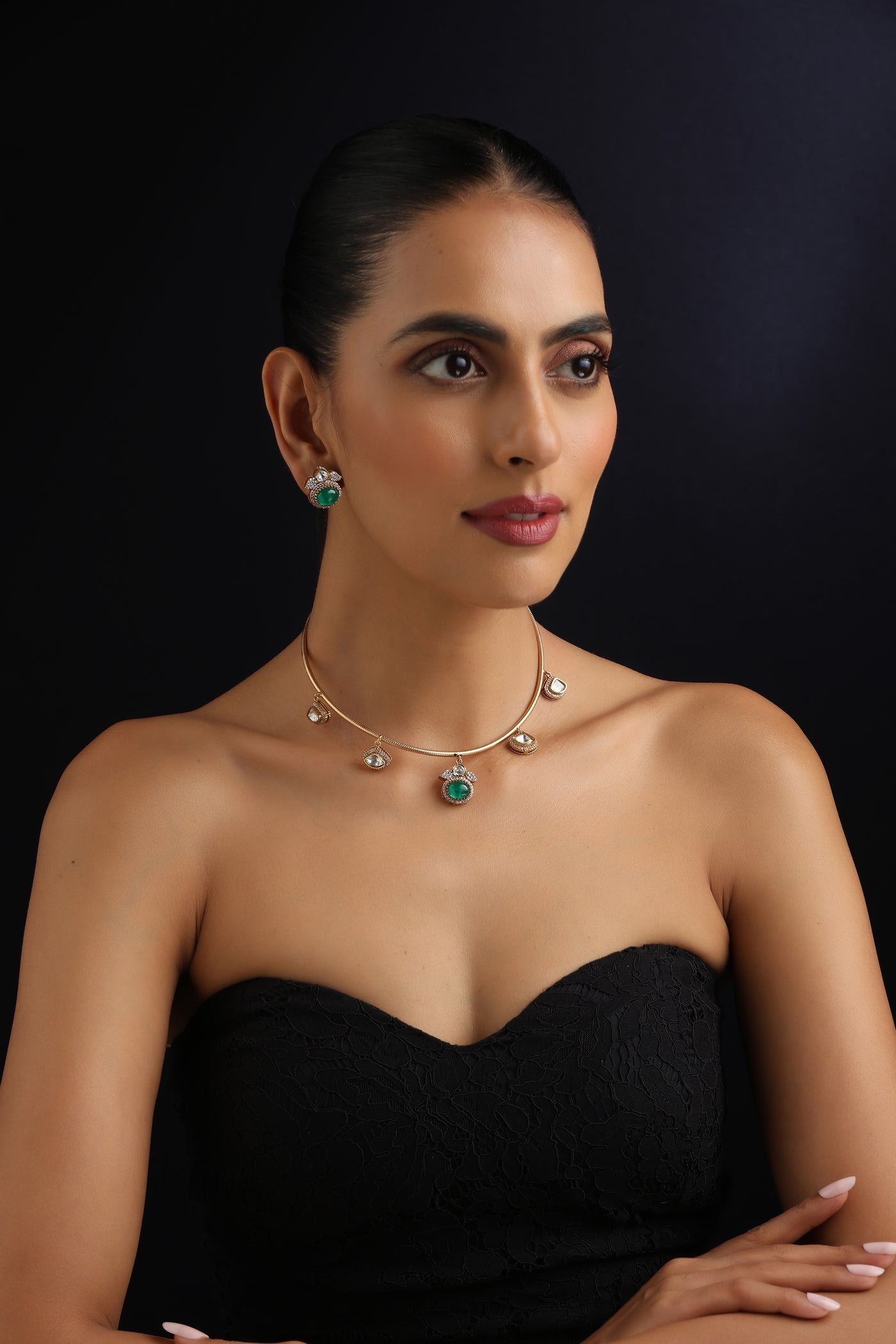 Divyam Emerald and Polki Hasli Set