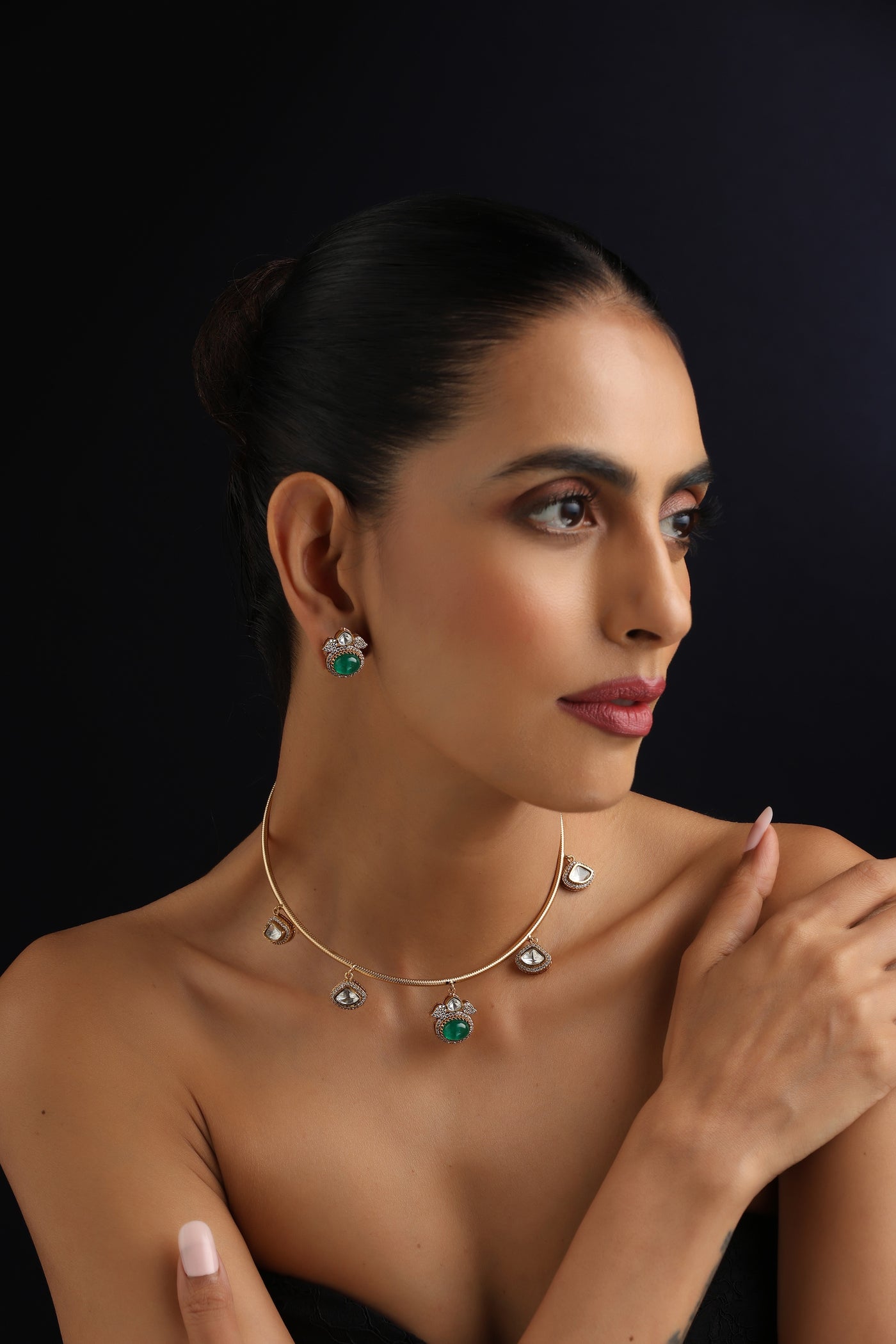 Divyam Emerald and Polki Hasli Set