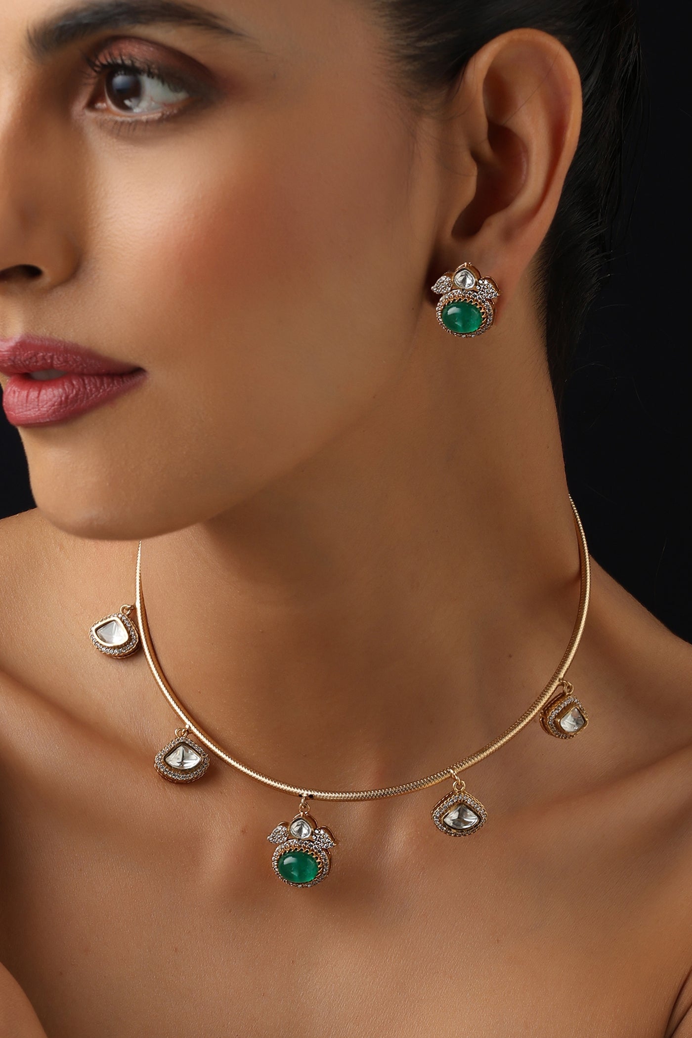 Divyam Emerald and Polki Hasli Set