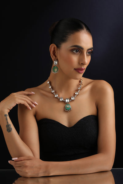 Prema Emerald and Polki Hasli Necklace Set