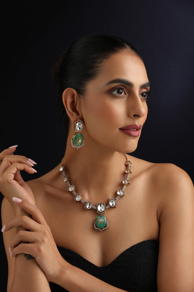 Prema Emerald and Polki Hasli Necklace Set