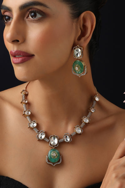 Prema Emerald and Polki Hasli Necklace Set