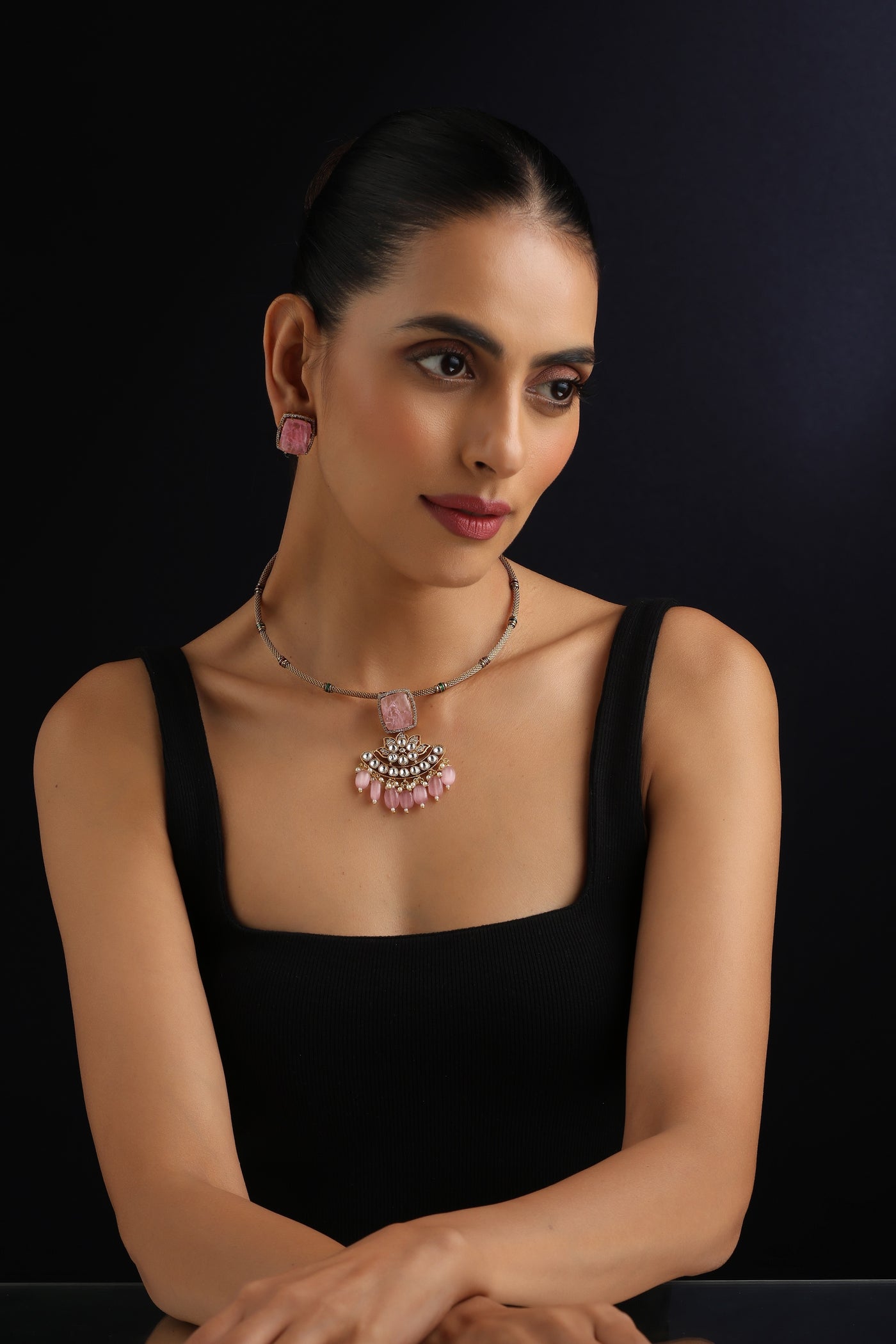 Manh Pink Polki Hasli Necklace Set