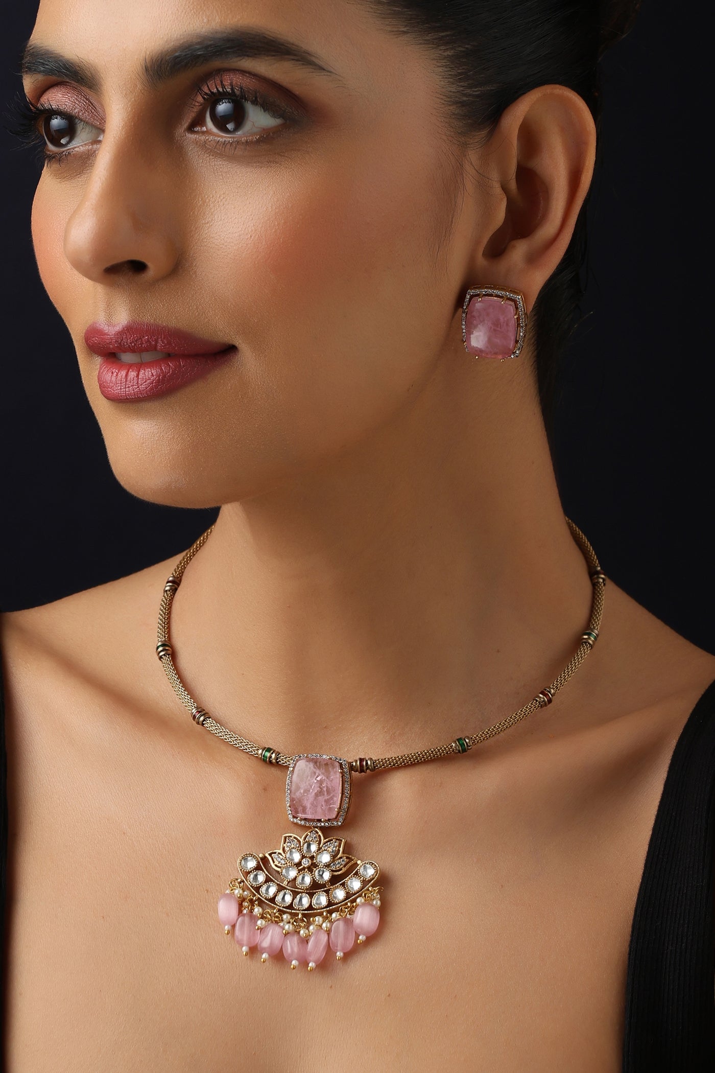 Manh Pink Polki Hasli Necklace Set