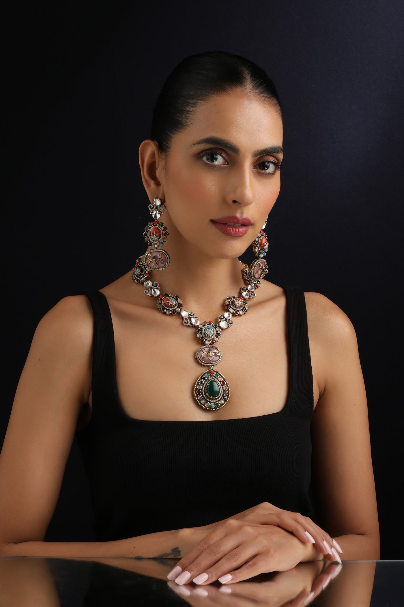 Savya Multicolour Polki Long Necklace Set