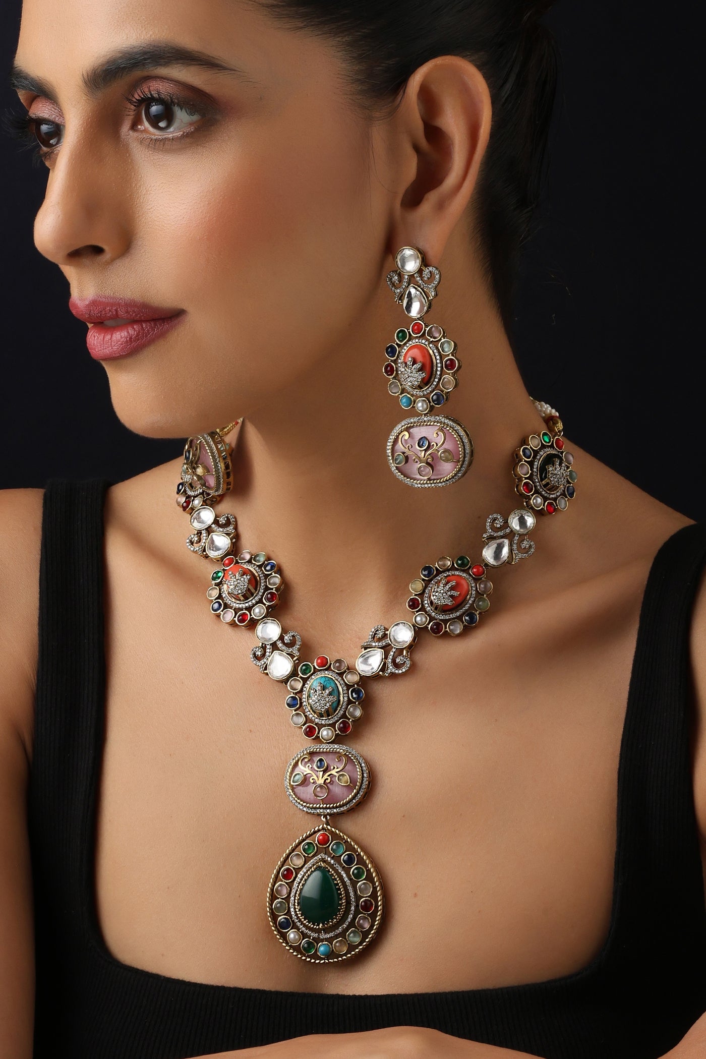 Savya Multicolour Polki Long Necklace Set