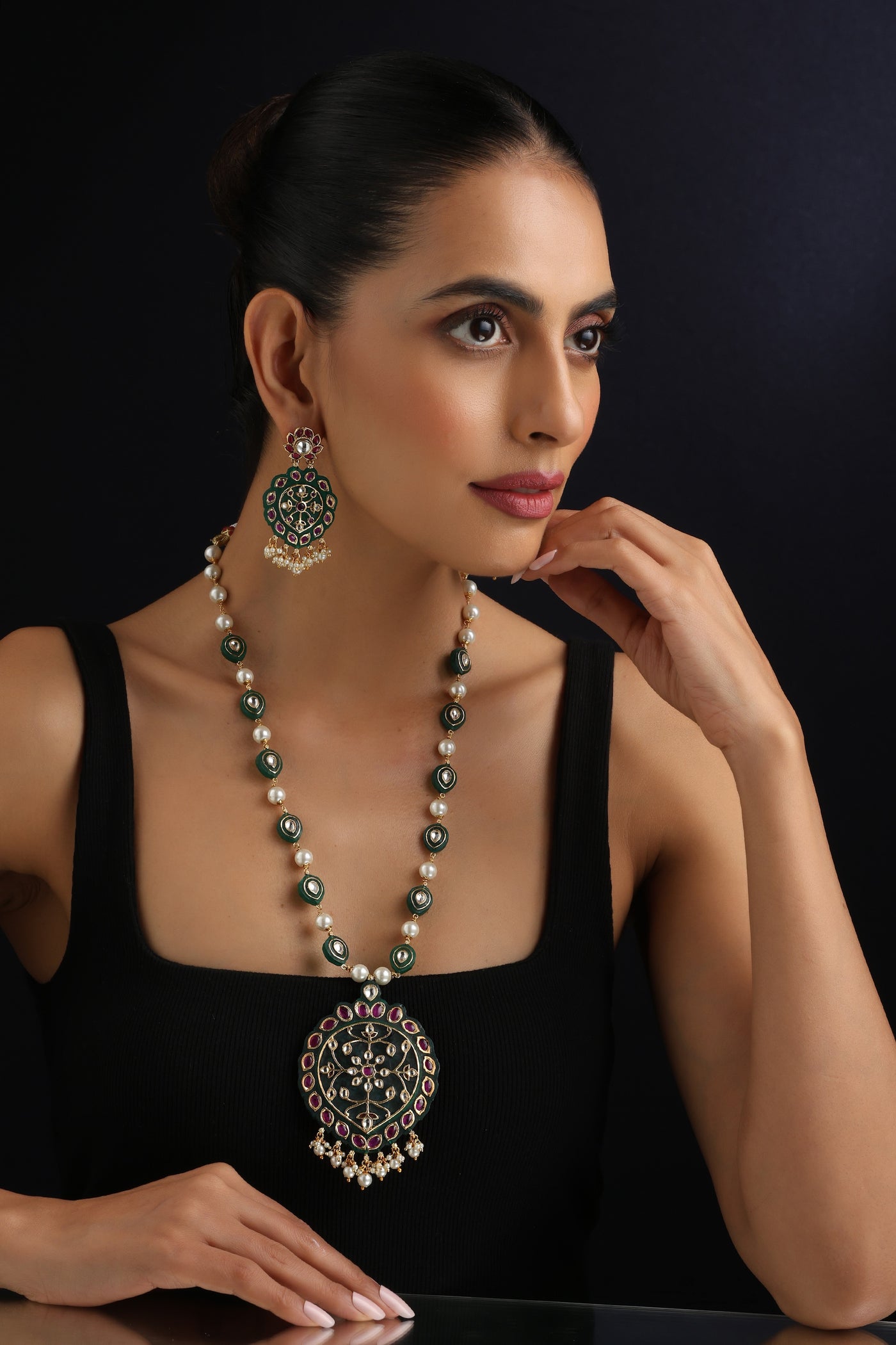 Azha Green Polki Inlay Necklace Set