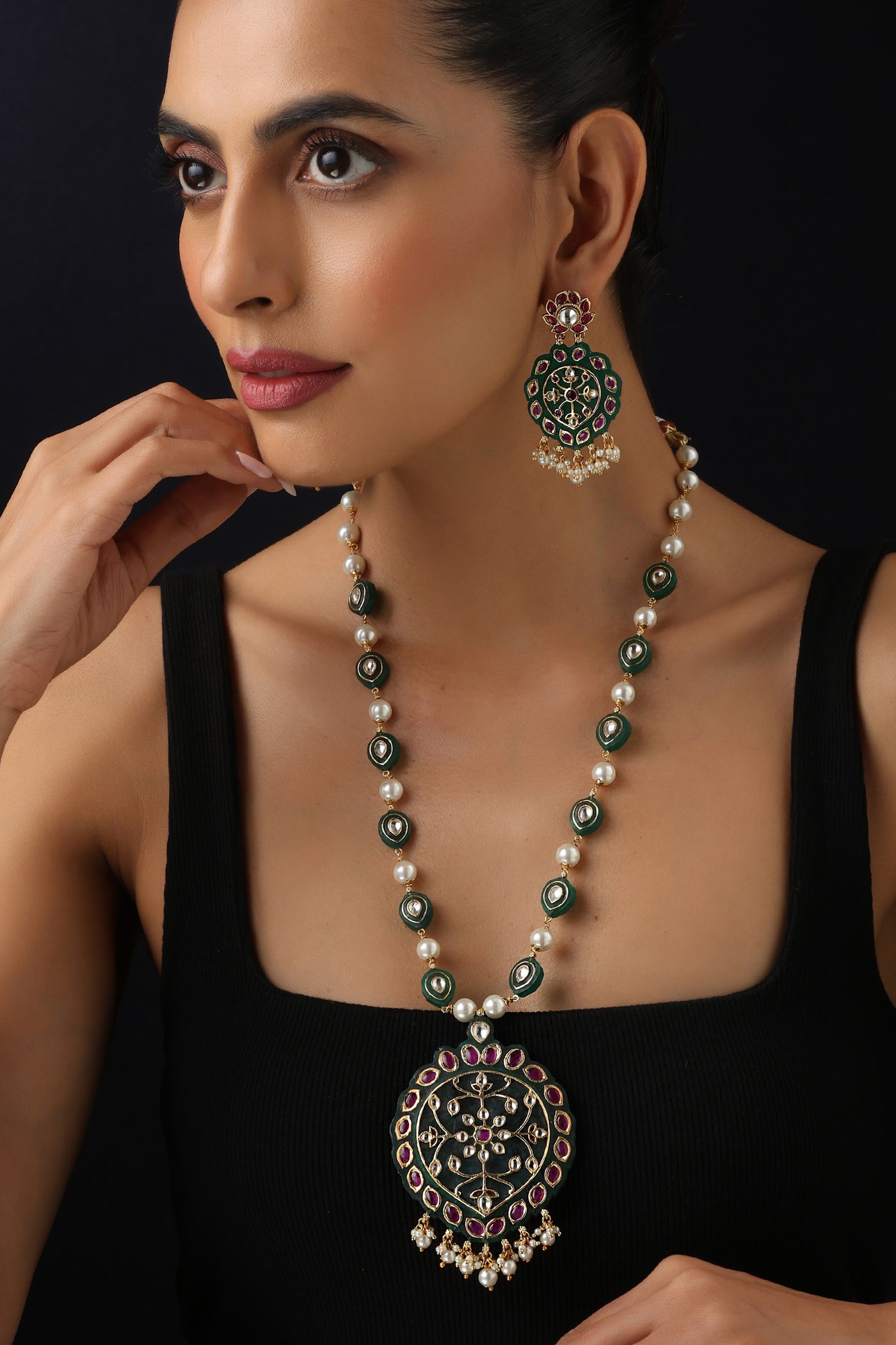 Azha Green Polki Inlay Necklace Set