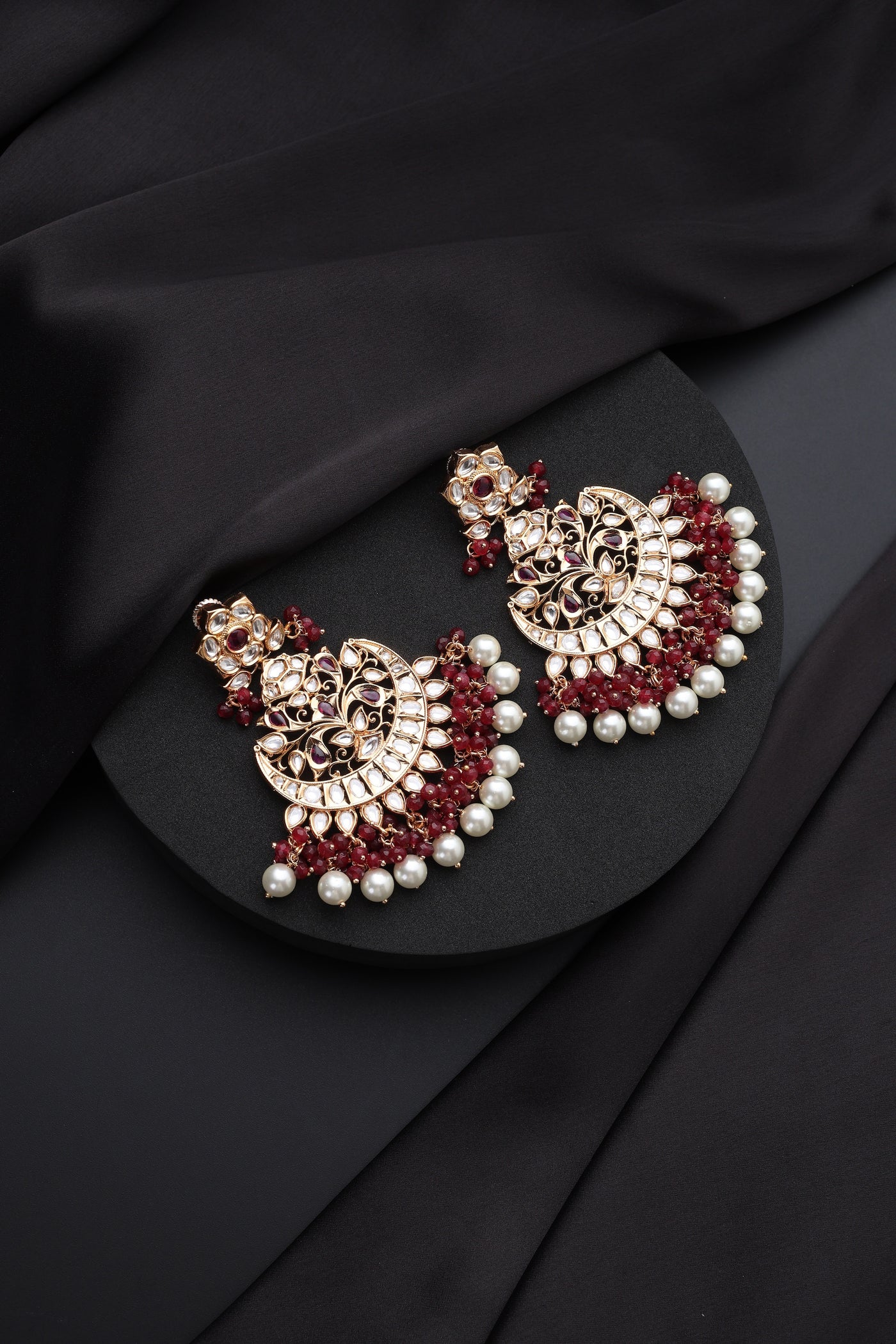 Mihira Red Polki Chandbali Earrings