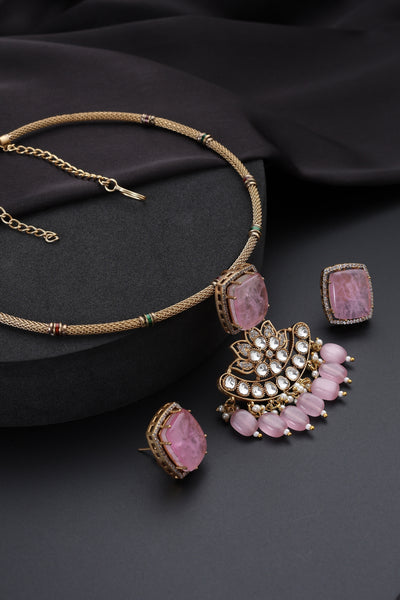 Manh Pink Polki Hasli Necklace Set