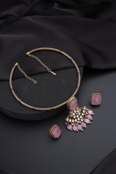 Manh Pink Polki Hasli Necklace Set