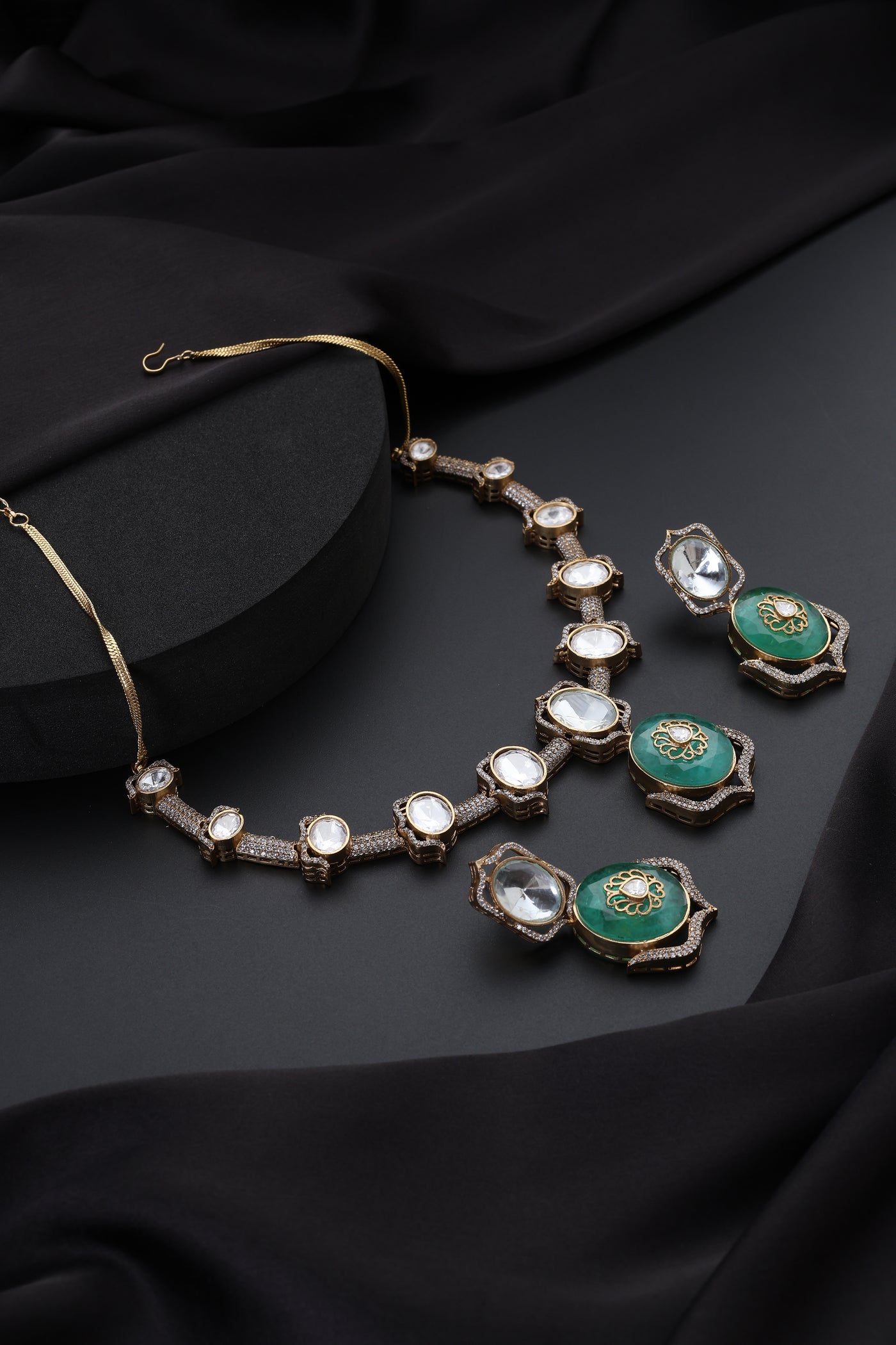 Prema Emerald and Polki Hasli Necklace Set