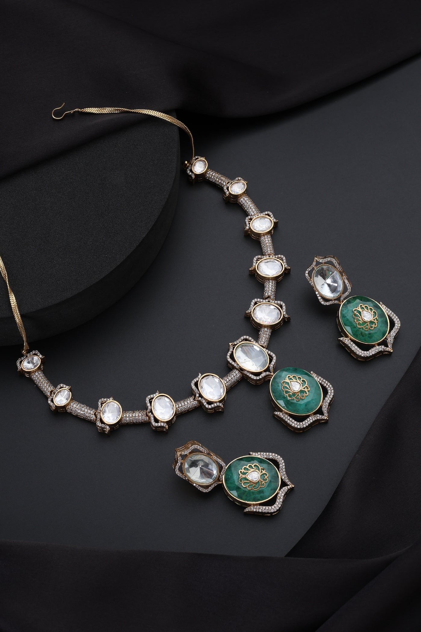 Prema Emerald and Polki Hasli Necklace Set
