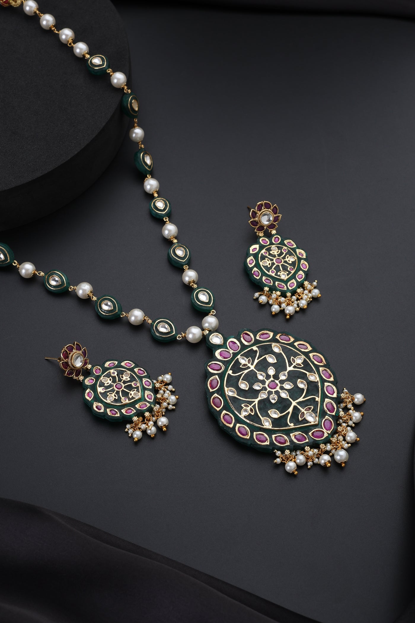 Azha Green Polki Inlay Necklace Set