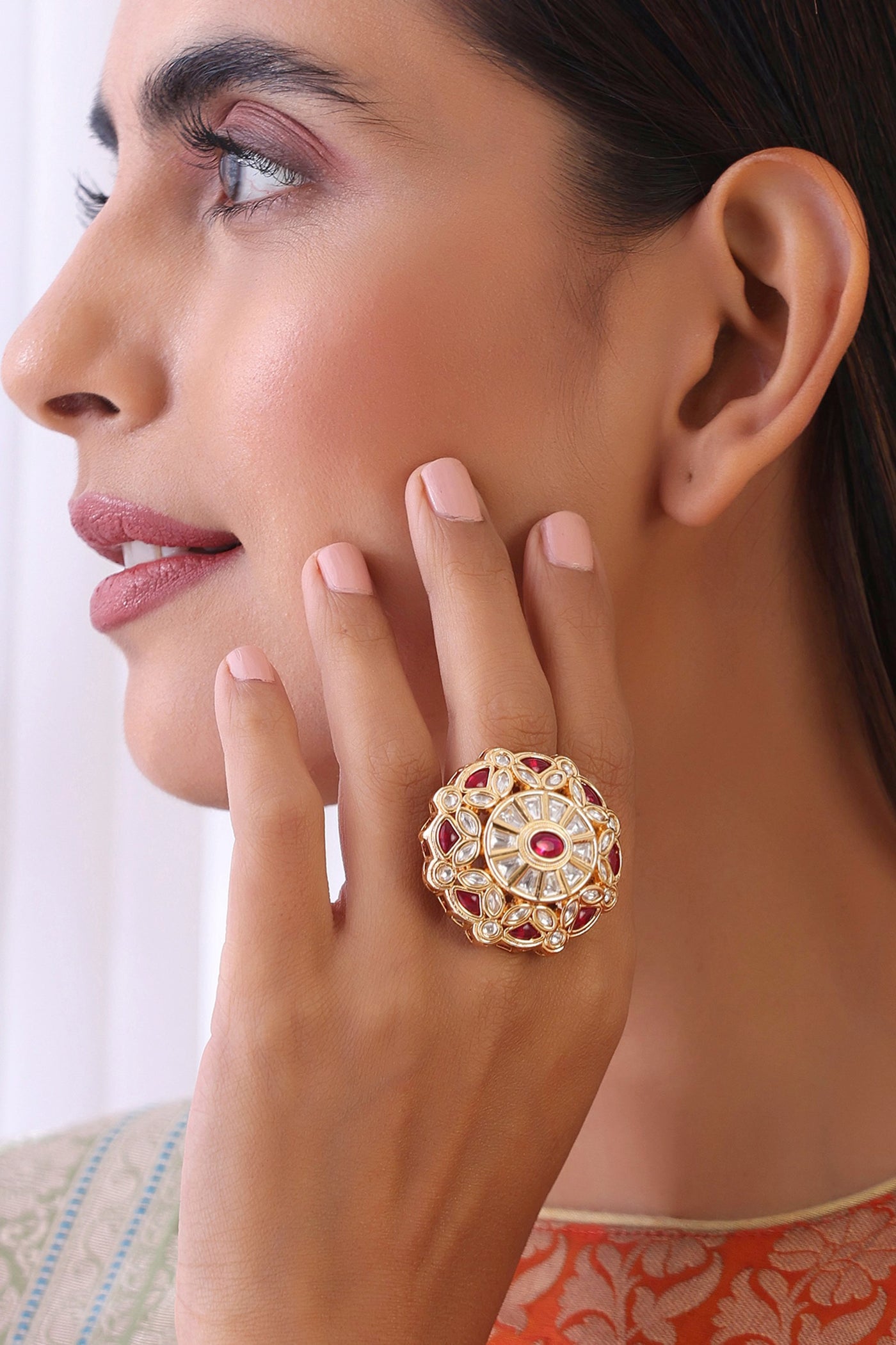 Afsa Red Gold Plated Polki Ring