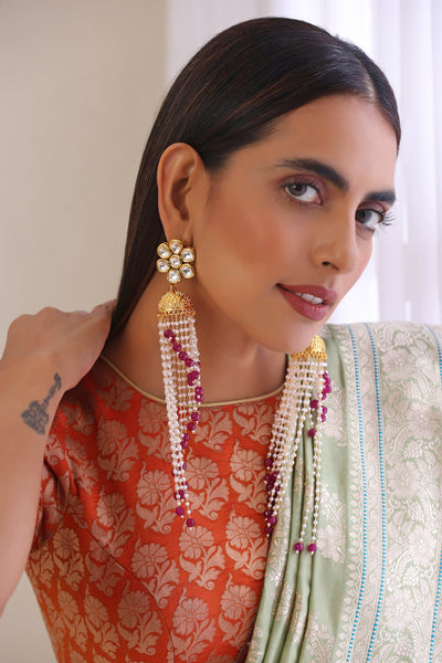 Gaurvi Red Kundan and Pearl Long Jhumka Earrings