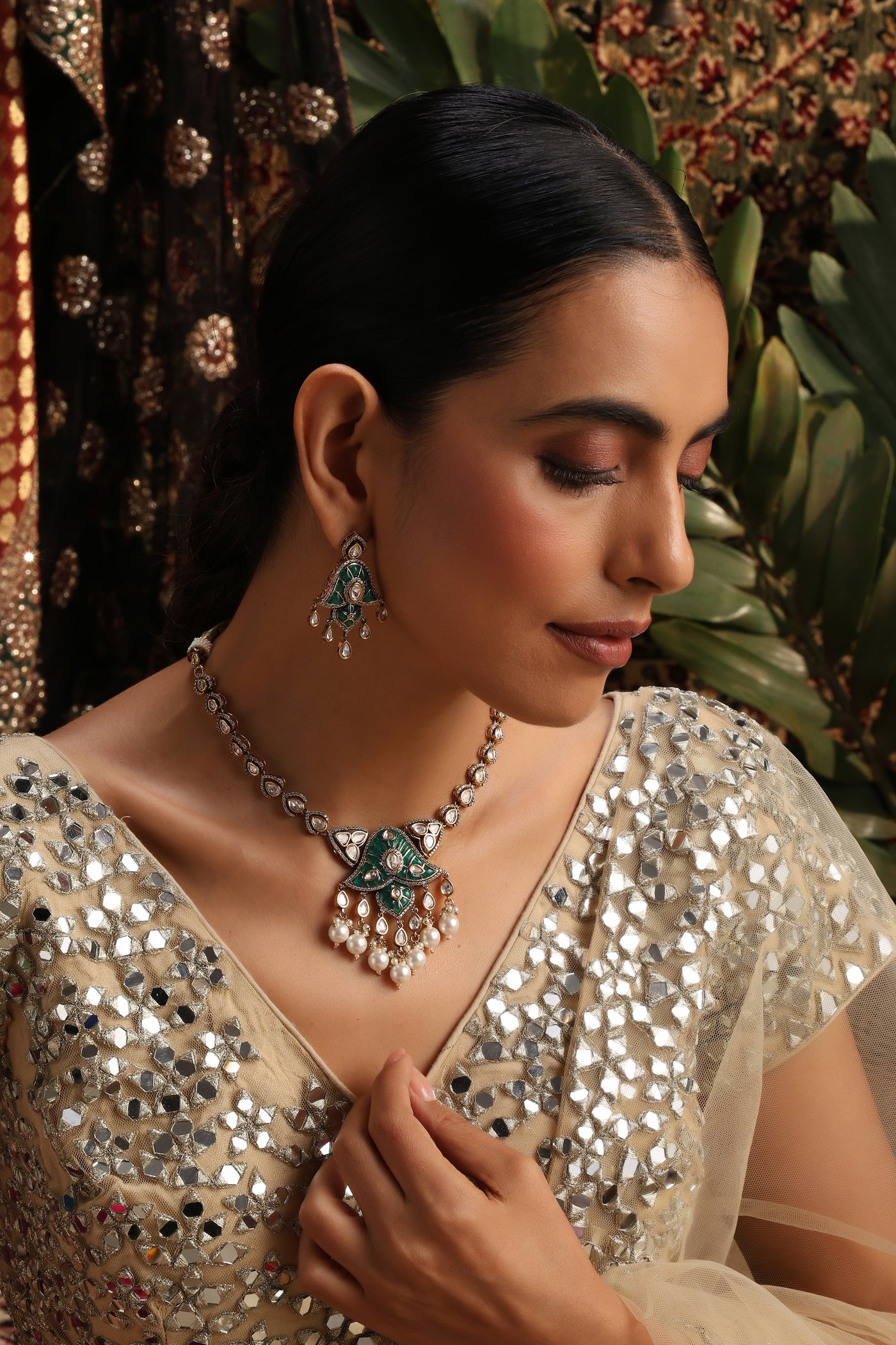 Awali Green Polki Pendant Necklace Set