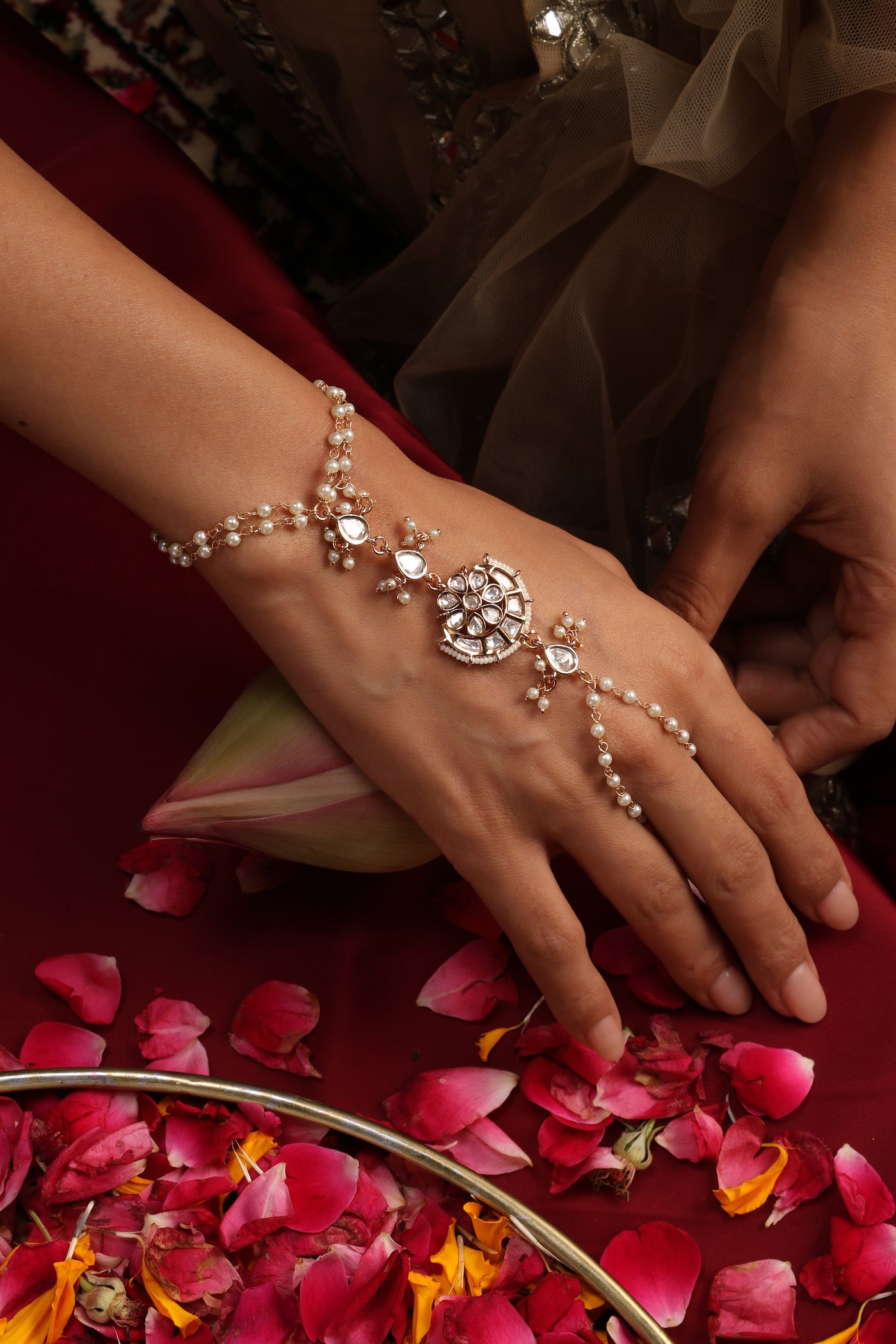 Mriganka Rose Gold Polki Hathphool