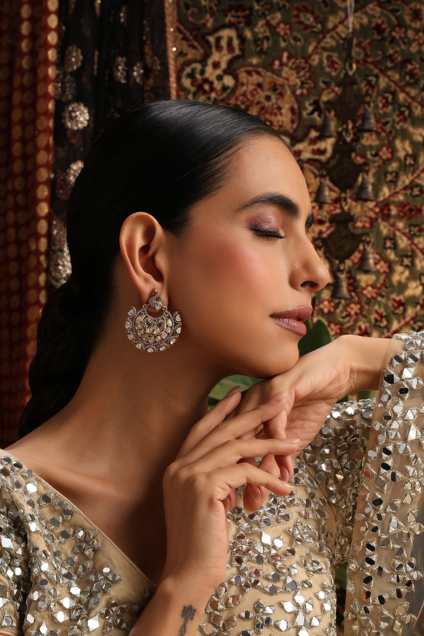 Tarang Silver Polki Chandbali Earrings